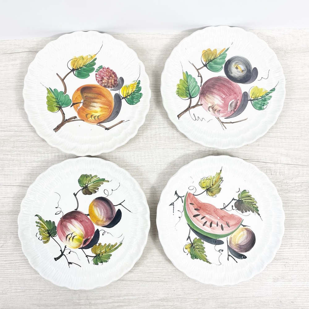 Vintage Italian Ceramic Bisque Plates 8" Lot 4 Leaves‎ Fruit Scalloped Edge GUC